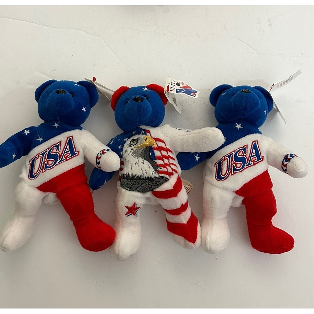 Team Beans Unity Plush Bear 3 Pack God Bless America &‎ Liberty Patriotic W Tag